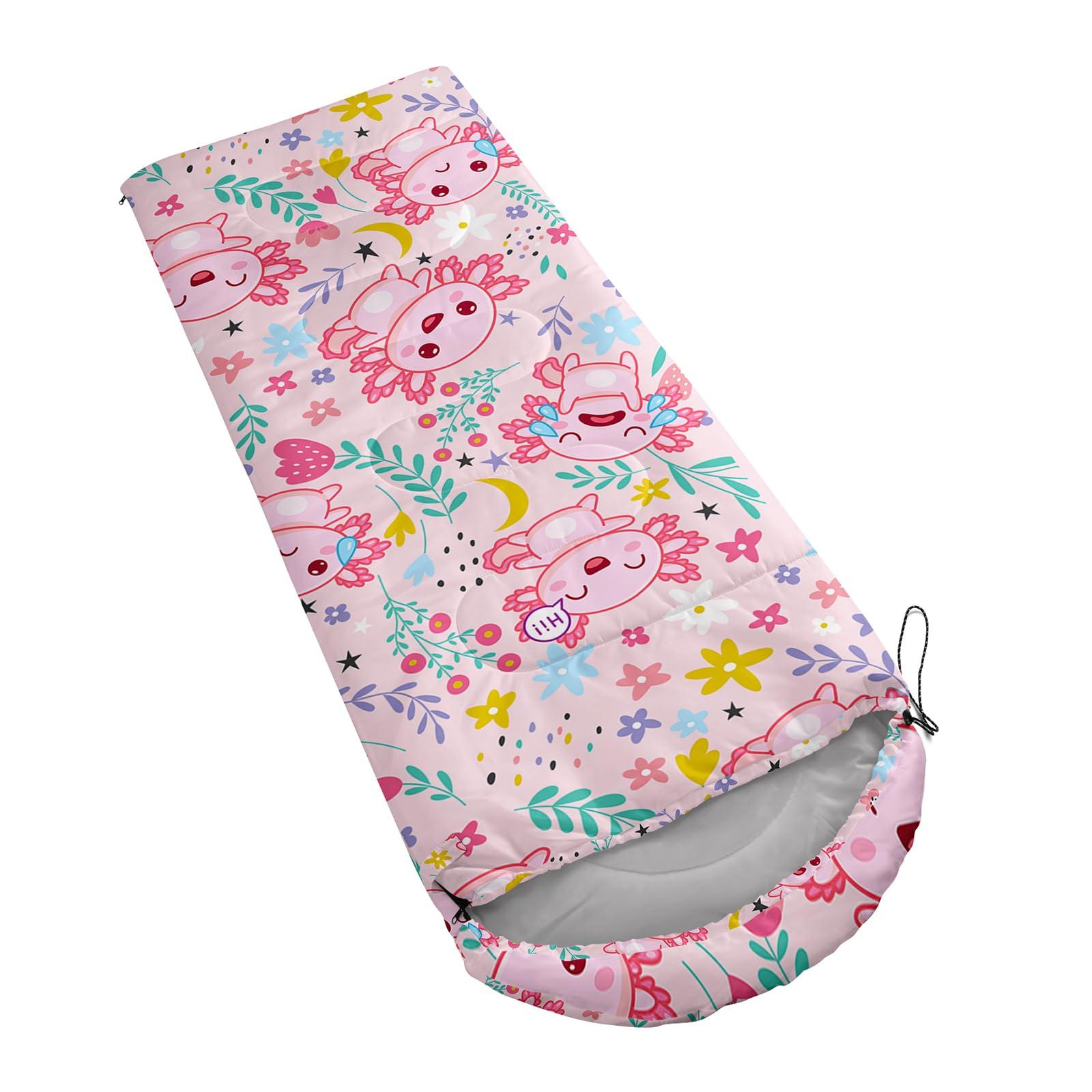 QOOMO QOOMO Cute Axolotl Printed Camping Sleeping Bags,3 Season Warm & Cool Weather,Lightweight,Waterproof Sleeping Bags for Adults & Kids,Traveling,and Outdoors,Camping Gear Equipment, 31x90inch