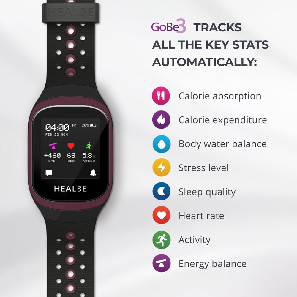 HEALBE GoBe HEALBE GoBe3 - Wearable Health, Fitness and Activity Tracker with Automatic Tracking of Calorie Intake and Burning, Water Balance, Heart Rate, Sleep, neuroactivity, and Stress, with Free app, Burgundy