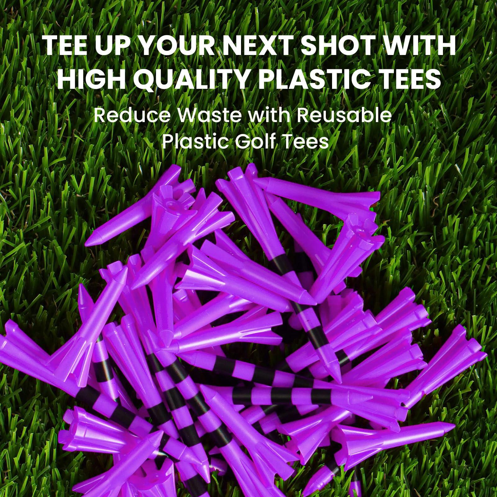 VEASAERS Golf Tees Plastic 3 1/4 2 3/4 inch Unbreakable 20 50 100 Pack, Bulk Long Stronger Upgrade More Durable Stable Reduce Friction Side Spin Tee Pink Pouple Gift for Men Women (20Pcs 3 1/4 inch, Purple)