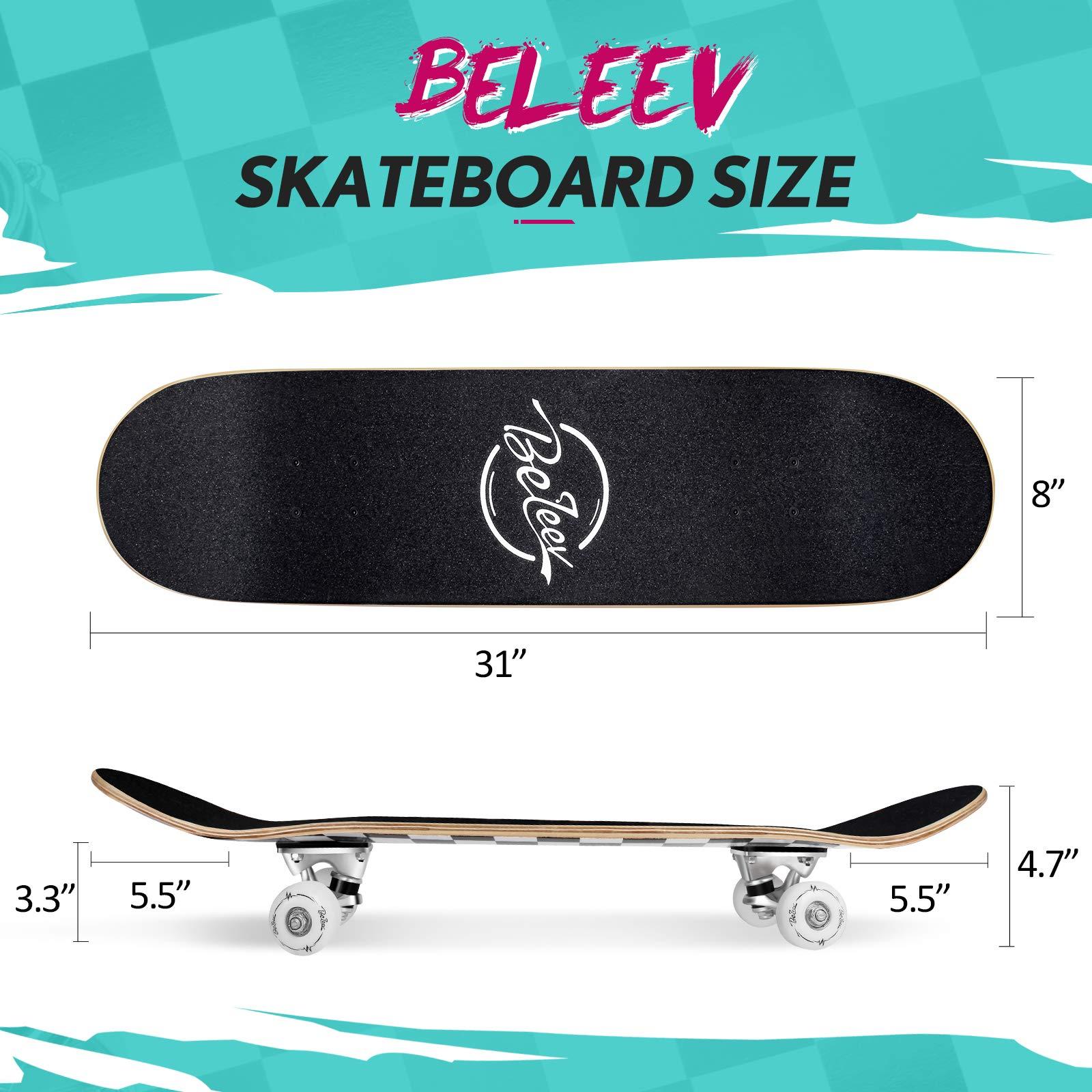 BELEEV BELEEV Skateboards for Beginners, 31 Inch Complete Skateboard for Kids Teens Adults, 7 Layer Canadian Maple Double Kick Deck Concave Cruiser Trick Skateboard (Black White)