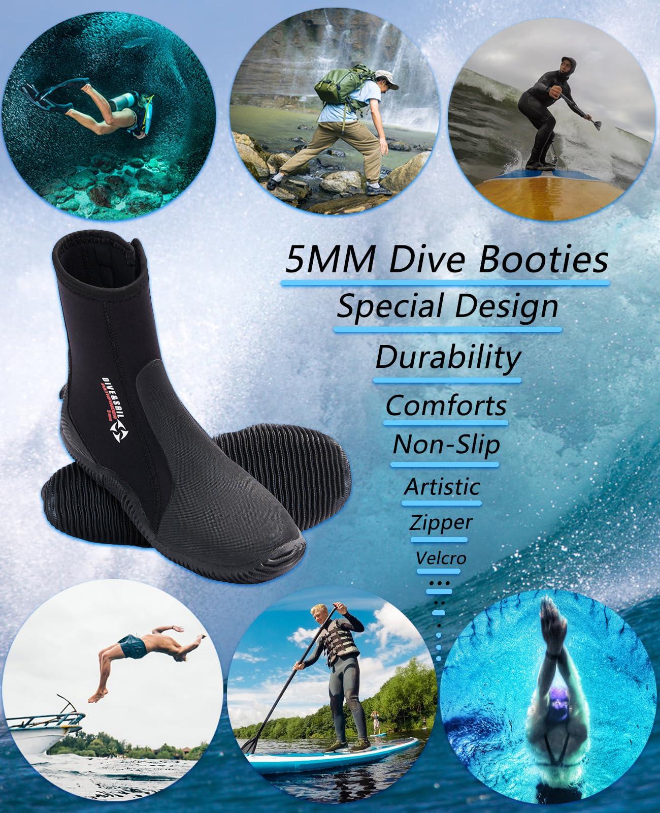 Skyone Skyone Neoprene Dive Boots Men Women, Surf Booties Scuba Diving Boots 5MM, Wetsuit Booties Scuba Shoes with Anti-Slip Premium Rubber Sole for Sailing Snorkeling Boating (Black, Mens 5 / Womens 6)