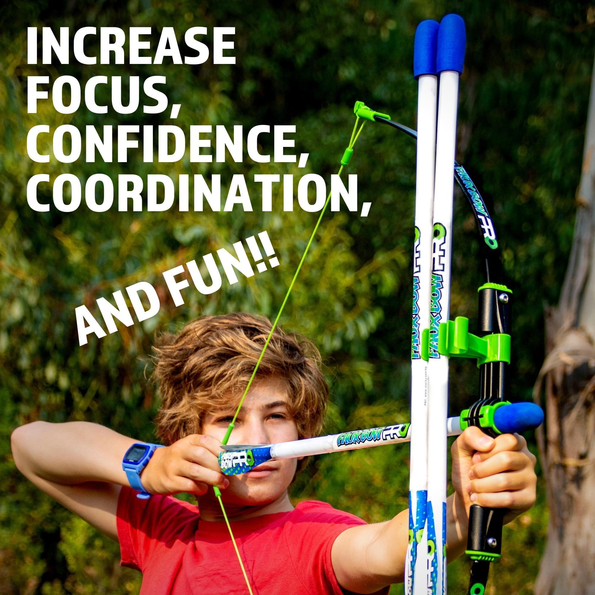 FAUX BOW Original FAUX BOW Pro Longbow– Patented Bow and Arrow Impact Archery Set - Shoots Over 200 Feet – Best Outdoor Toy - Youth Safe Archery Anywhere - Fun Backyard Target Practice