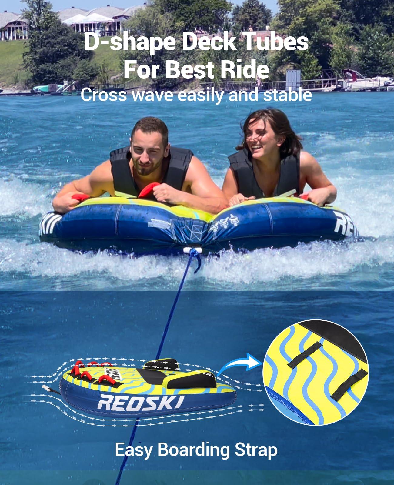 REOSKI REOSKI Towable Tubes for Boating 2 Person, Heavy Duty Boat Tubes and Towables, Inflatable Water Tubes for Boats to Pull with Fins, Drainage, Quick Connector, Large Capacity