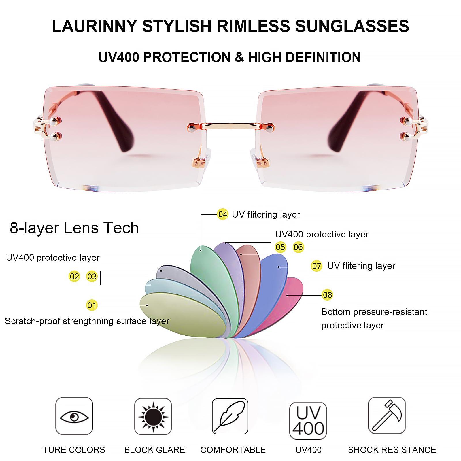 Laurinny Laurinny Rimless Rectangle Sunglasses for Women Fashion 90s Frameless Square Pink Tinted Sun Glasses