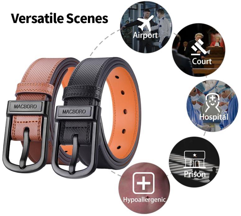 MACBORO MACBORO Non Metal Tsa Approved Belt Nickel Free Hypoallergenic Belts for Men Plastic Buckle Travel Black Leather Belt