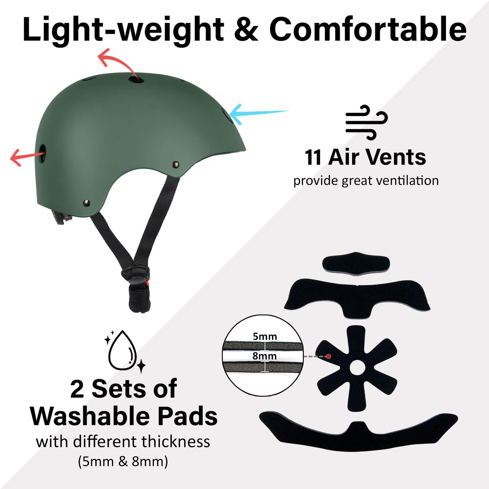 OUWOR OUWOR Kids Skateboard Bike Helmet for Boy and Girl, Lightweight Adjustable, Multi-Sport for Bicycle Skate Scooter (Blackish Green, Small)