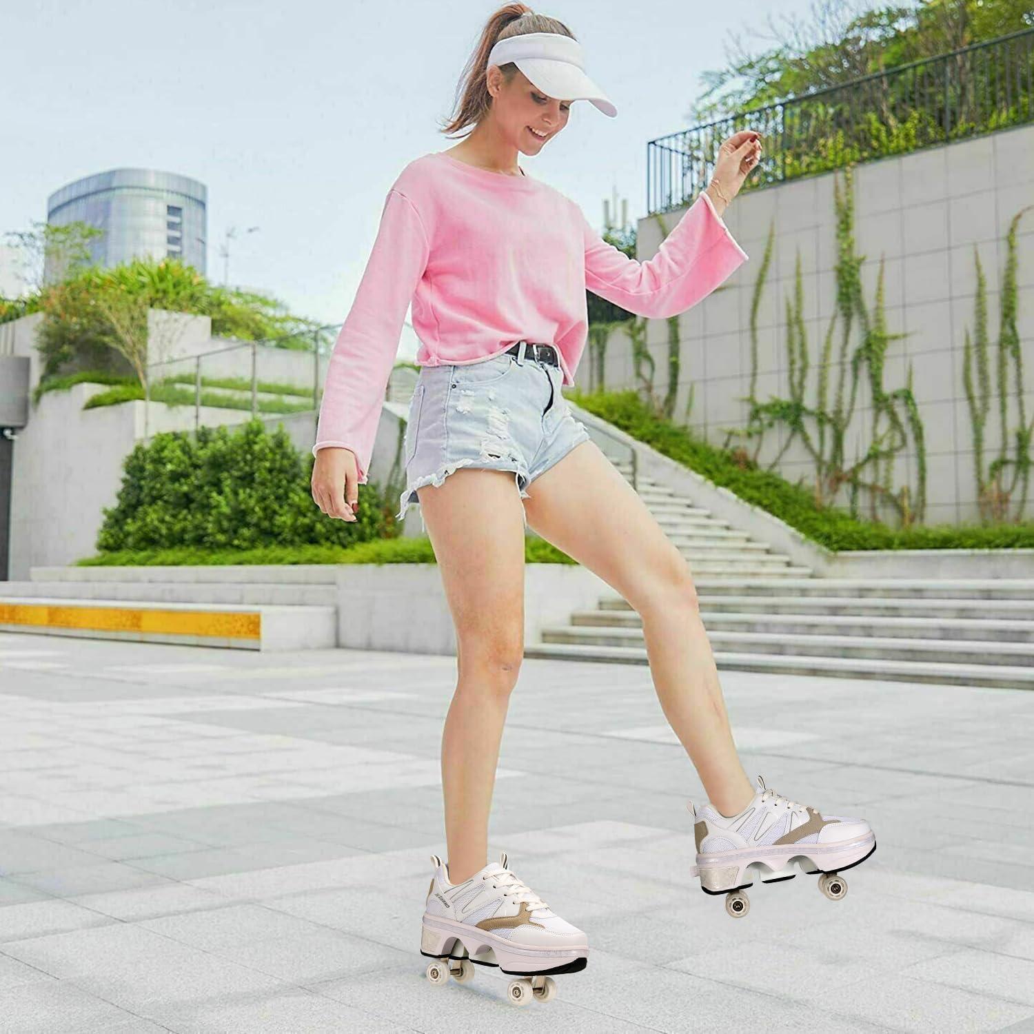 CHSSIH Shoes with Wheels Roller Skate Shoes for Girls, Kids, Women, Men & Adults | Retractable High Roller Skating Shoes That Pop Out Into Sneaker Skates - White, 5.5