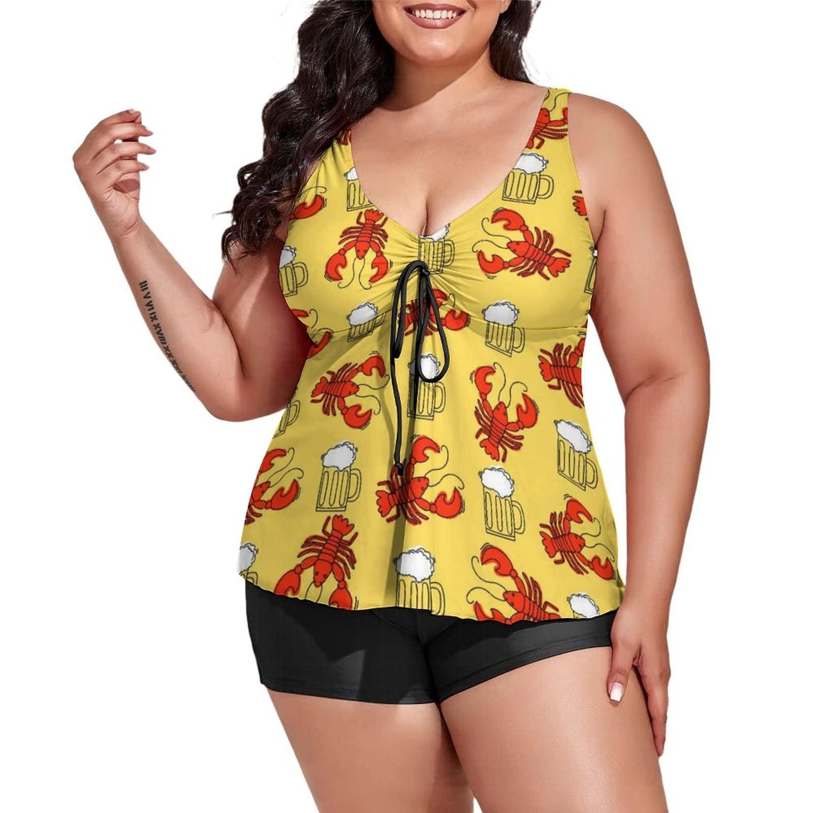 BAIKUTOUAN BAIKUTOUAN Beer and Crawfish Plus Size Swimsuit for Women Two Piece Bathing Suit Printed Swimwear