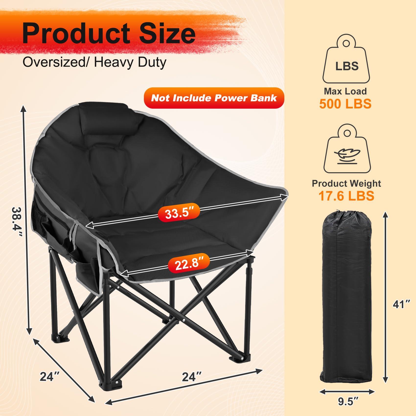 Slendor Slendor Heated Camping Chair, Oversized Heated Chairs Outdoor Sports, 3-Levels Adjustable Heated Camp Chair for Fishing, Sports, Lawn with Pillow, Padded, Storage Bag, Supports 440lbs, Black