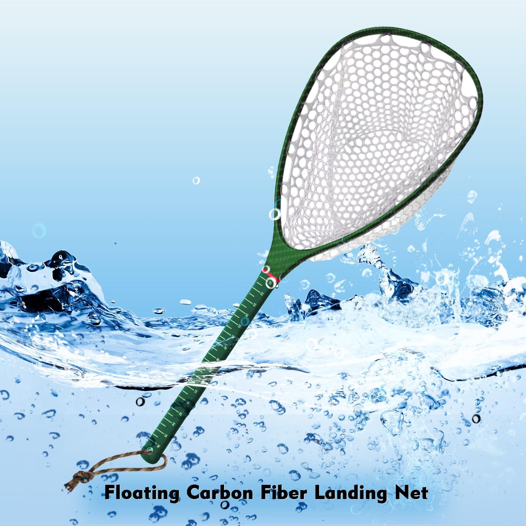 Riverruns Riverruns Carbon Fiber Landing Net - Fly Floating Fishing Net with Soft Rubber Trout Net and Measuring Lines on The Handle - Lightweight and DurableLong Handle/Green/Carbon Pattern