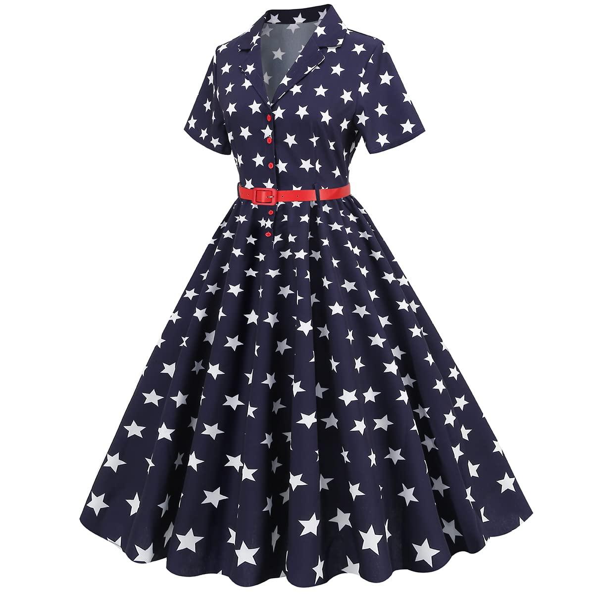 ABOCIW 4th of July Dress Women American Flag Dressy up Lapel Collar V Neck Short Sleeve Stars Shirt Dress A-line Knee Length Cocktail Party Patriotic Dress with Belt Navy Blue-Stars XL
