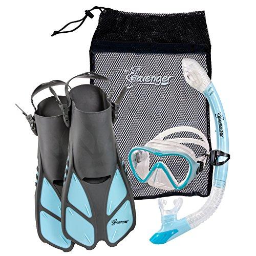 Seavenger Seavenger Diving Dry Top Snorkel Set with Trek Fin, Single Lens Mask and Gear Bag, L/XL - Size 9 to 13, Gray/Dodger Blue