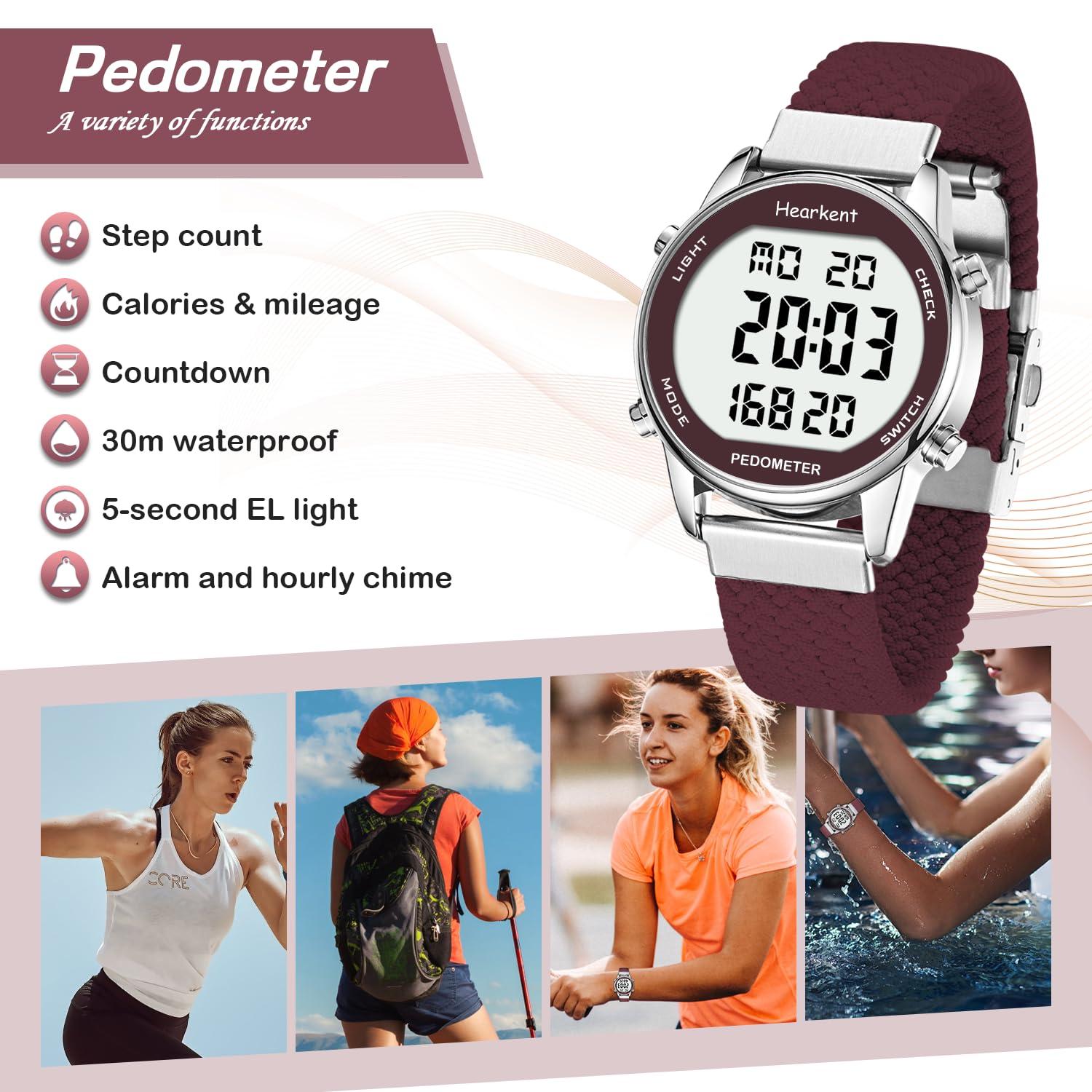 Hearkent Ladies Pedometer Watch for Walking-Step Tracker Watch with Calories Counter-Non Bluetooth Pedometer Watches-LCD Large Numbers-30M Waterproof Watch-Wrist Watch Step Counter for Women(Red)