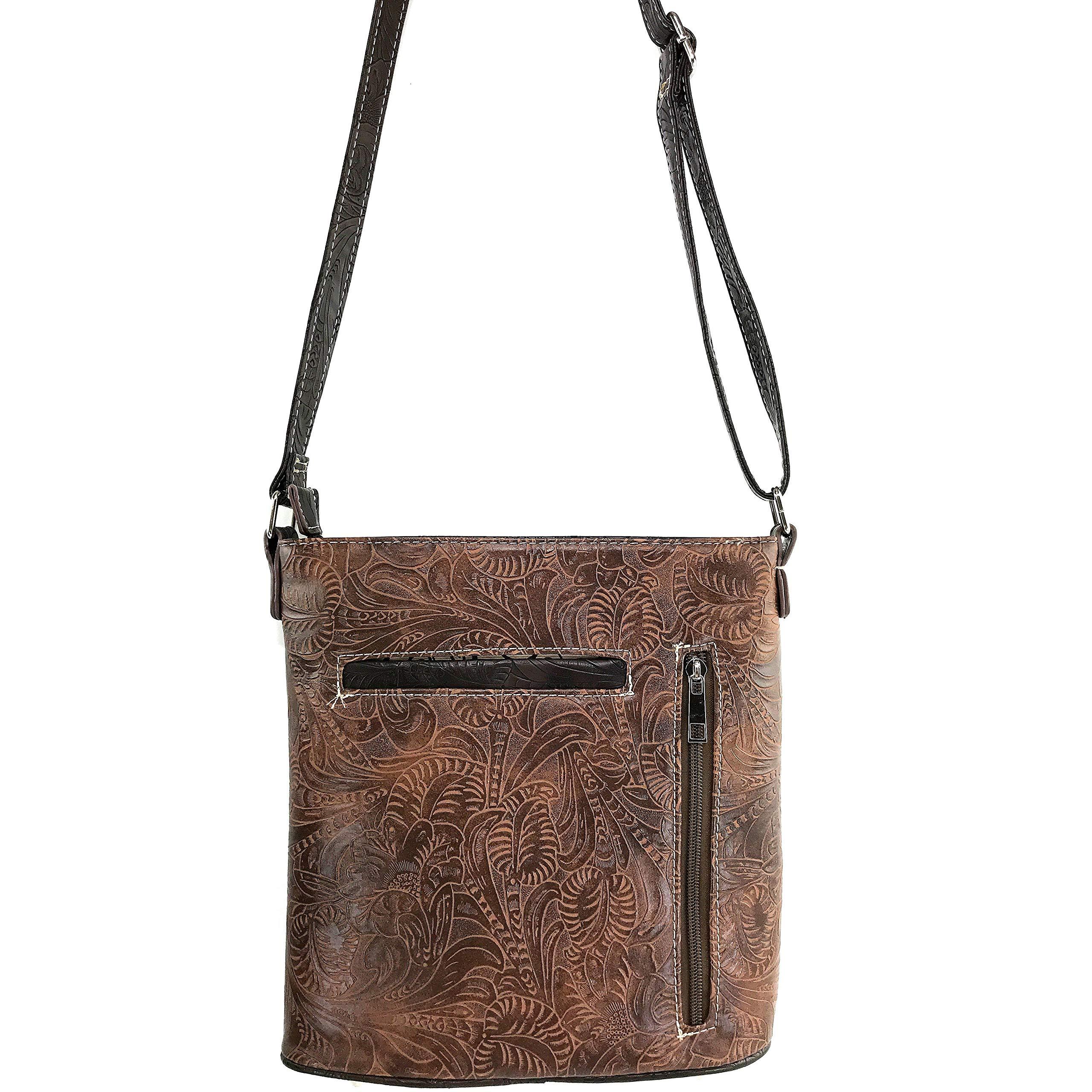 Zelris Zelris Floral Western Pu Tooled Leather Turquoise Concho Feathers Women Concealed Carry Crossbody Messenger Bag (Brown)