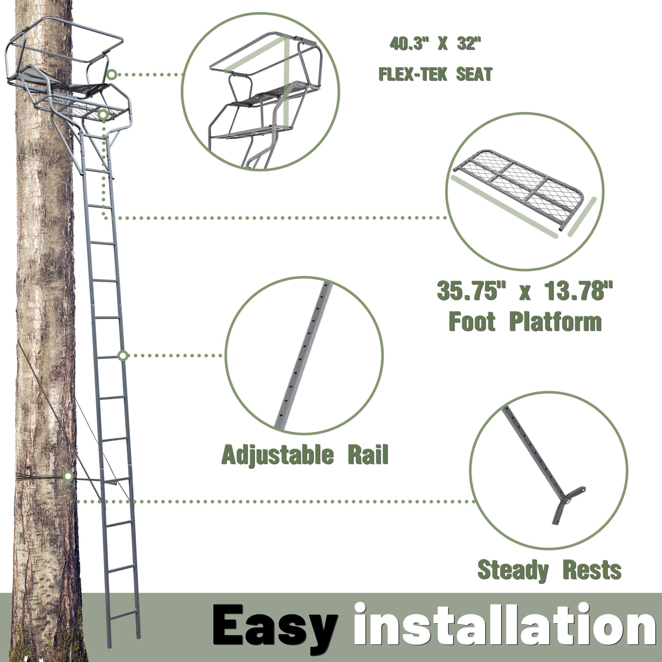 KUAFU KUAFU 18' 2-Man Ladder Tree Stand Climbing Tree Stand for Deer Hunting Elevated Climbing Seat Hunting Gear Equipment Accessories, 500 lb Weight Capacity