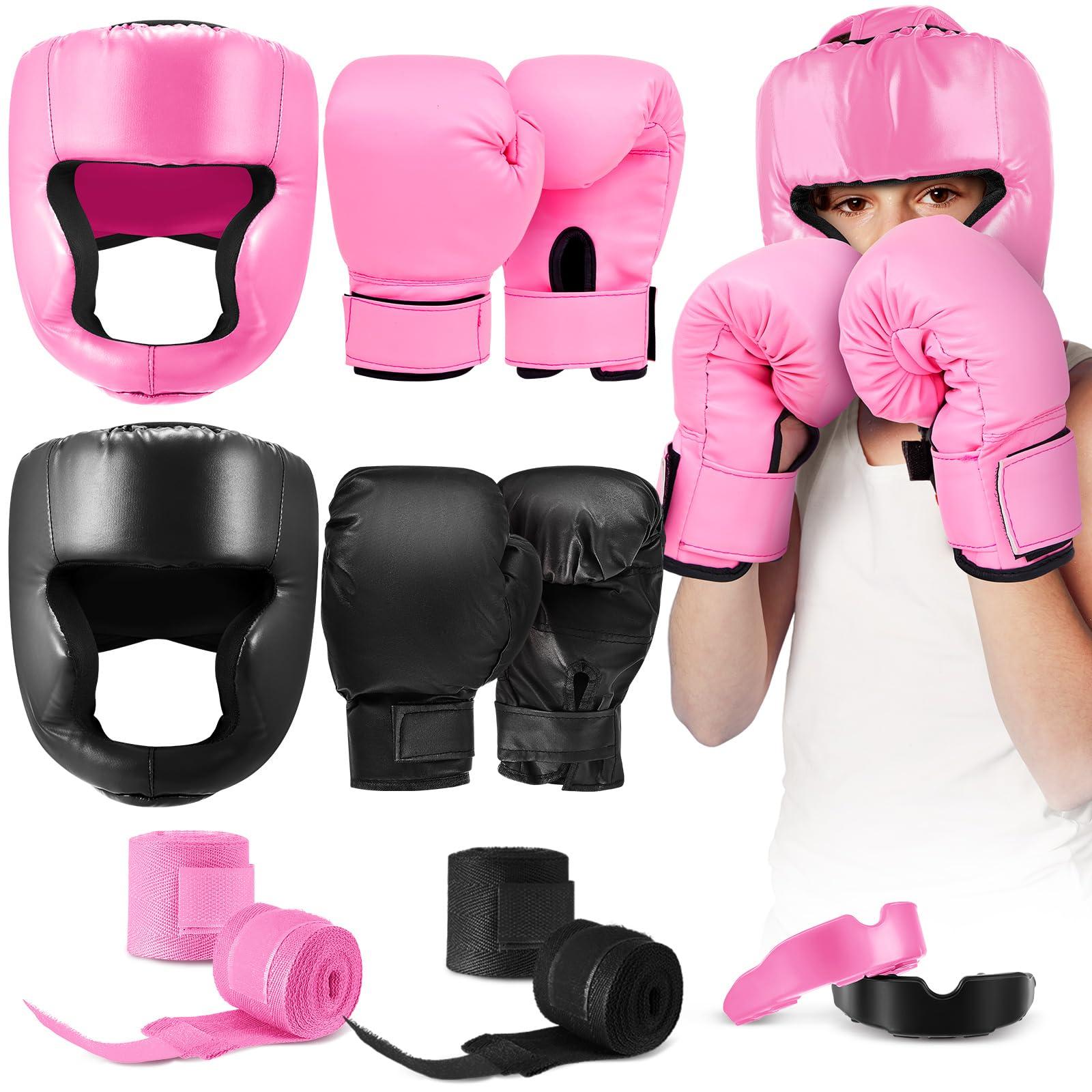 Kanayu Kanayu 12 Pcs Kids Boxing Equipment Set for Beginners Ages 6-18 Years Including Boxing Helmet and Gloves Hand Wraps Sport Mouthguards Taekwondo Sparring Gear for Kids and Children(Black, Pink)