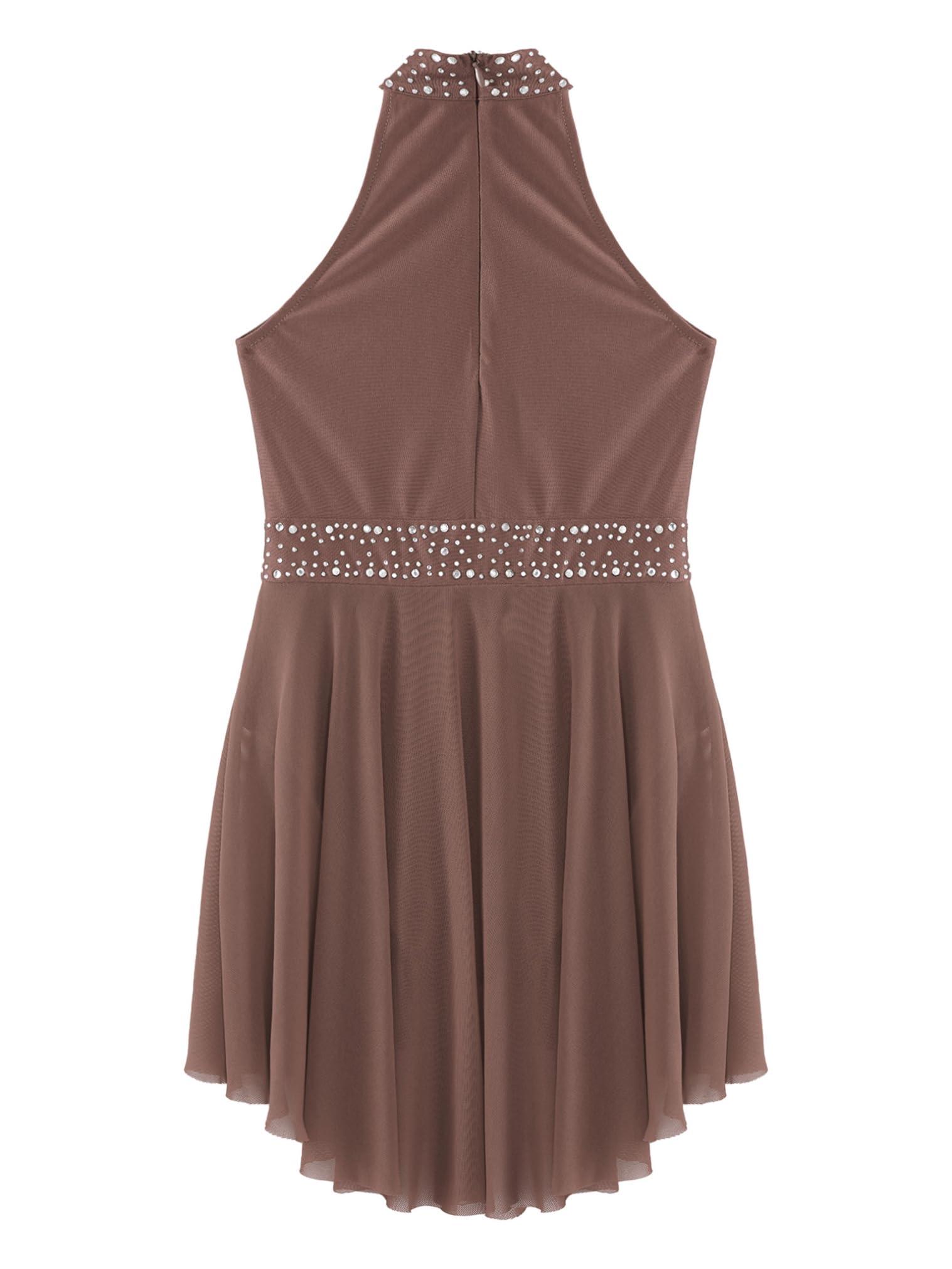 JEATHA JEATHA Kids Girls Rhinestone Sleeveless Mock Neck Roller Skating Dress Gymnastic Leotard Ballet Dance Costume Dusty Pink B 16