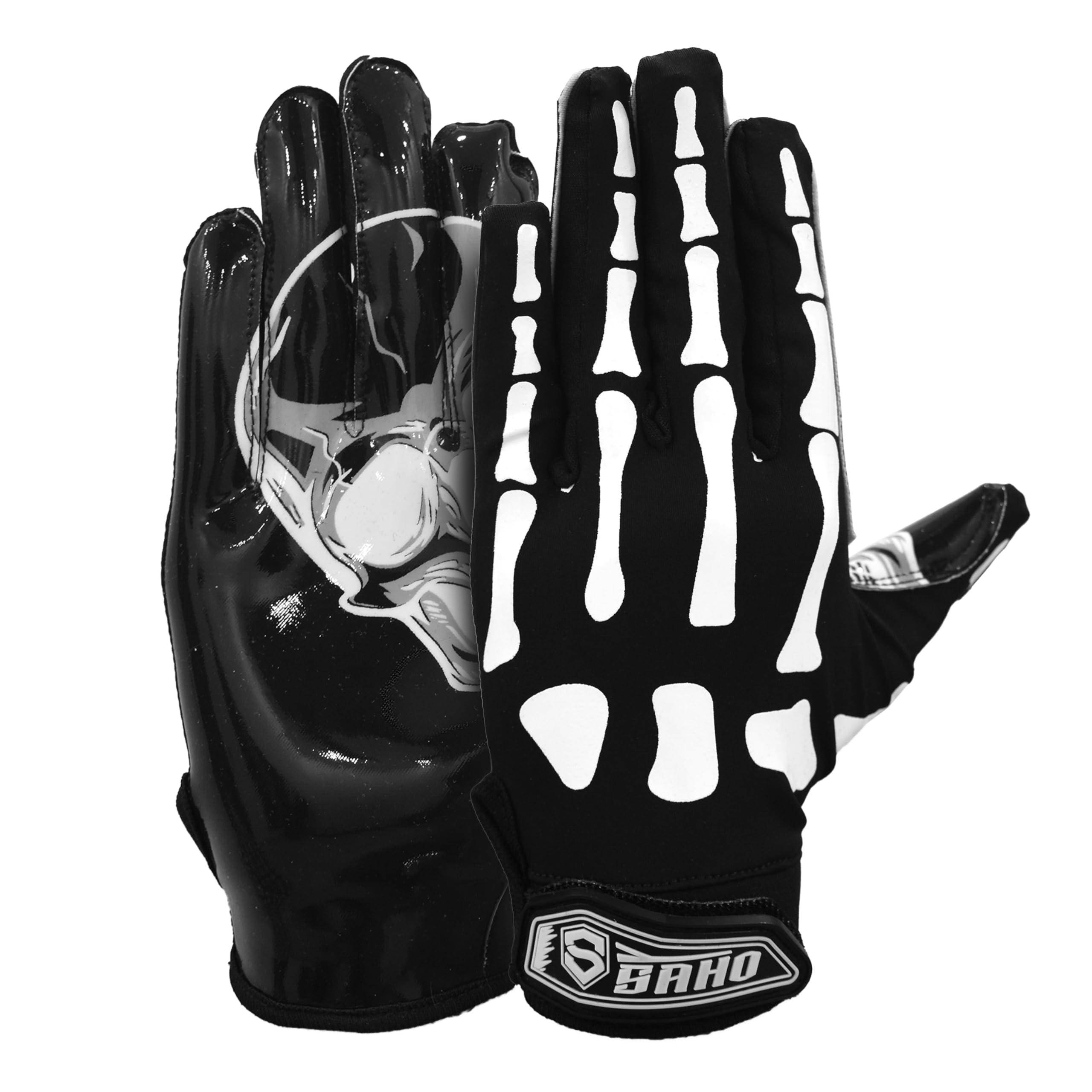 SAHO Skull Football Gloves - Tacky Grip Skin Tight Enhanced Performance Football Gloves - Skeleton Pro Elite Super Sticky Receiver American Football Gloves - Adult & Youth Sizes Black Color (Adult L)