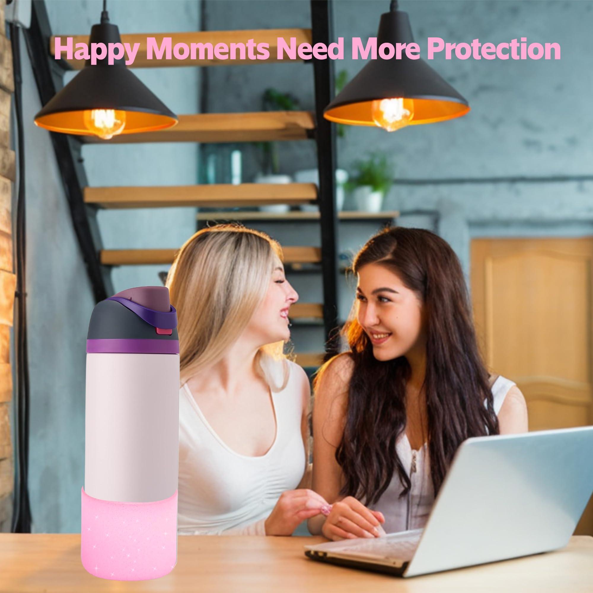 AESKEIA 2PCS Silicone Water Bottle Boot for Owala 24oz 32oz 40oz,Anti-Slip Protective Sleeve Bottom Bumper Protector for FreeSip, Twist, and Flip Stainless Steel Water Bottles (Clear Glitter Pink, 24oz)