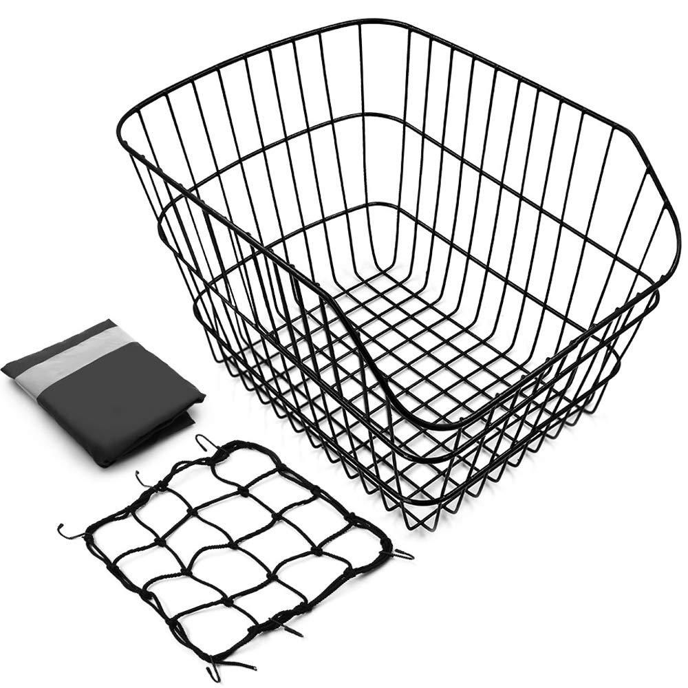 ANZOME ANZOME Rear Bike Basket, Waterproof Metal Wire Bicycle Basket with Adjustable Cargo Net and Waterproof Rainproof Cover Fits to Most Rear Bike Racks (Large)