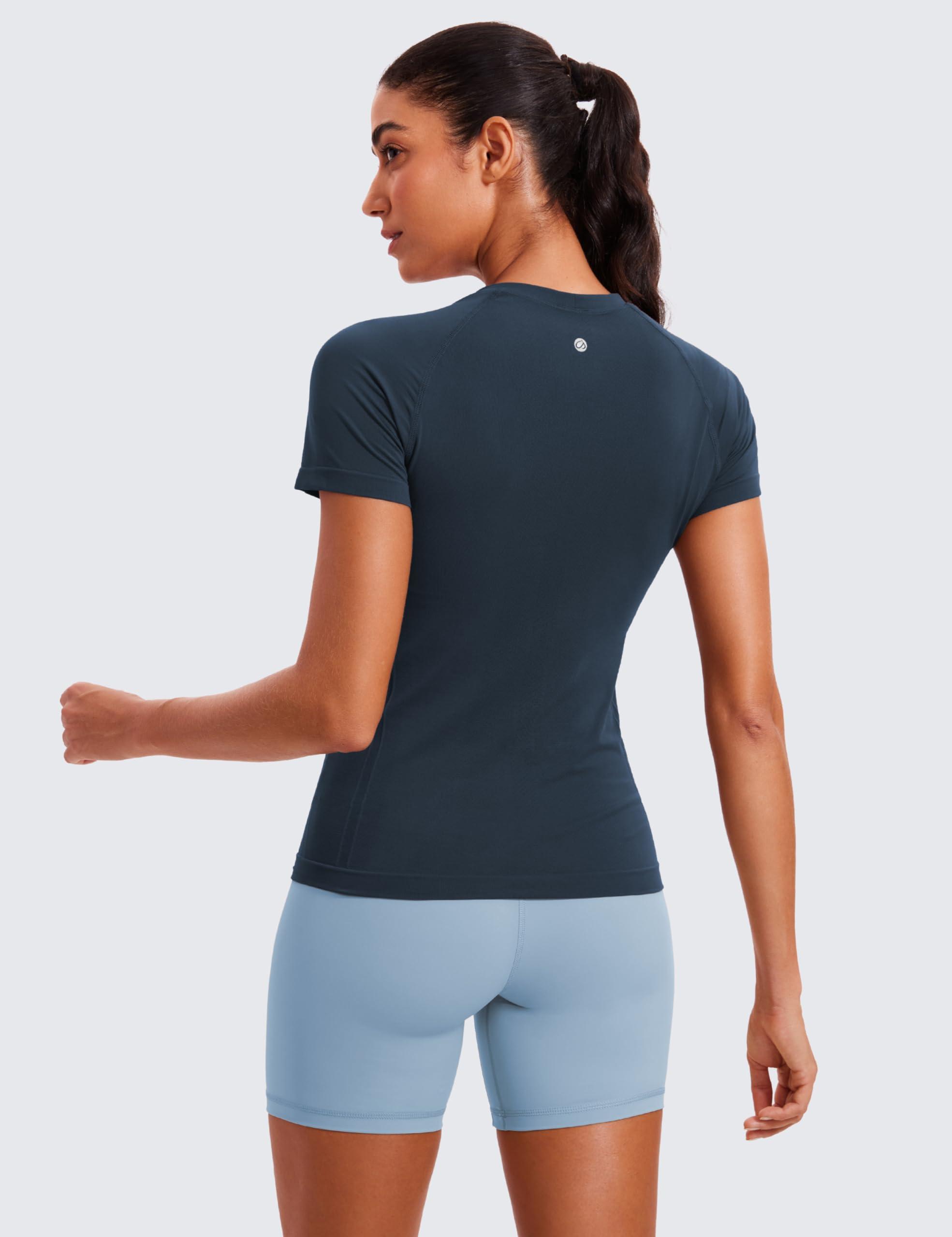 CRZ YOGA CRZ YOGA Seamless Workout Tops for Women Short Sleeve Athletic Tees Breathable Gym Running Yoga Shirts Twilight Blue Small