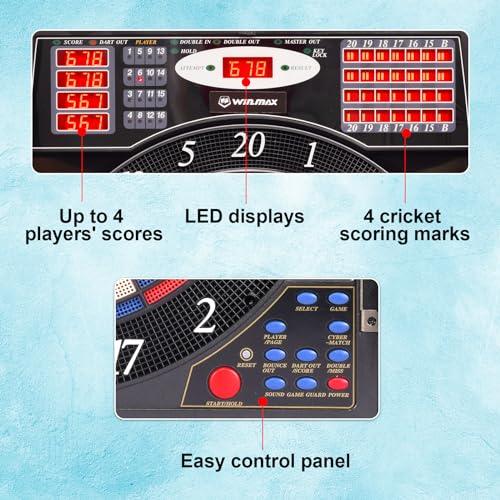 WIN.MAX WIN.MAX Electronic Dart Board Cabinet Set, LED Electric Digital Soft Tip Dart Boards for Adults with Cabinet, up to 16 Players, 38 Games and 211 Variations with 12 Soft Tip Dartboard Set (Silver)