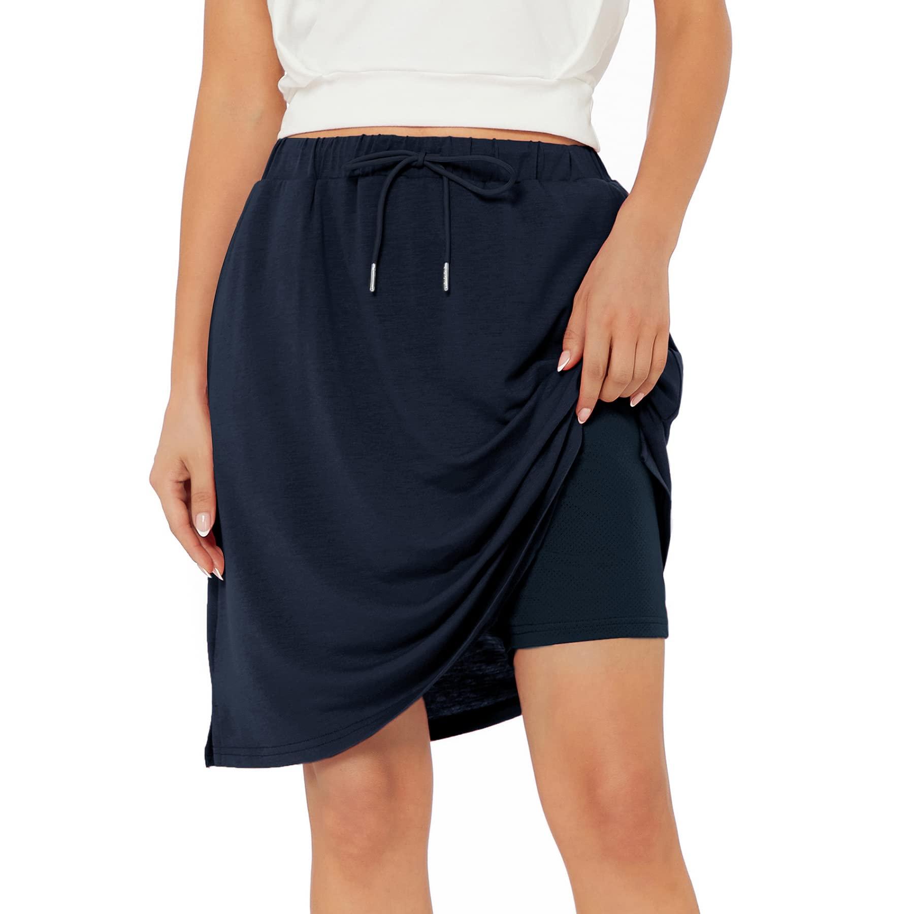 Zando Zando Tennis Skirts for Women with Pockets Athletic Knee Length Golf Casual Skorts Shorts Sports Drawstring Waist Skirt Navy Small