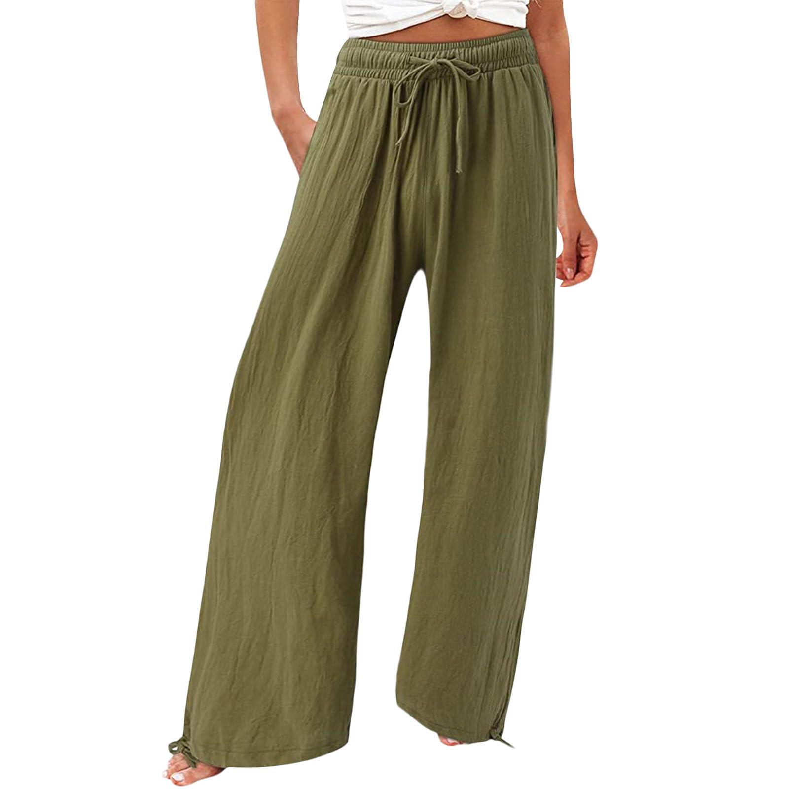 Geleglaer Dark Green Casual Loose Fit Long Pants for Womens Dark Green Plus Size High Waisted Palazzo Pants Dark Green Flowy Wide Leg Linen Pants High Waist Wide Leg Trousers with Drawstring