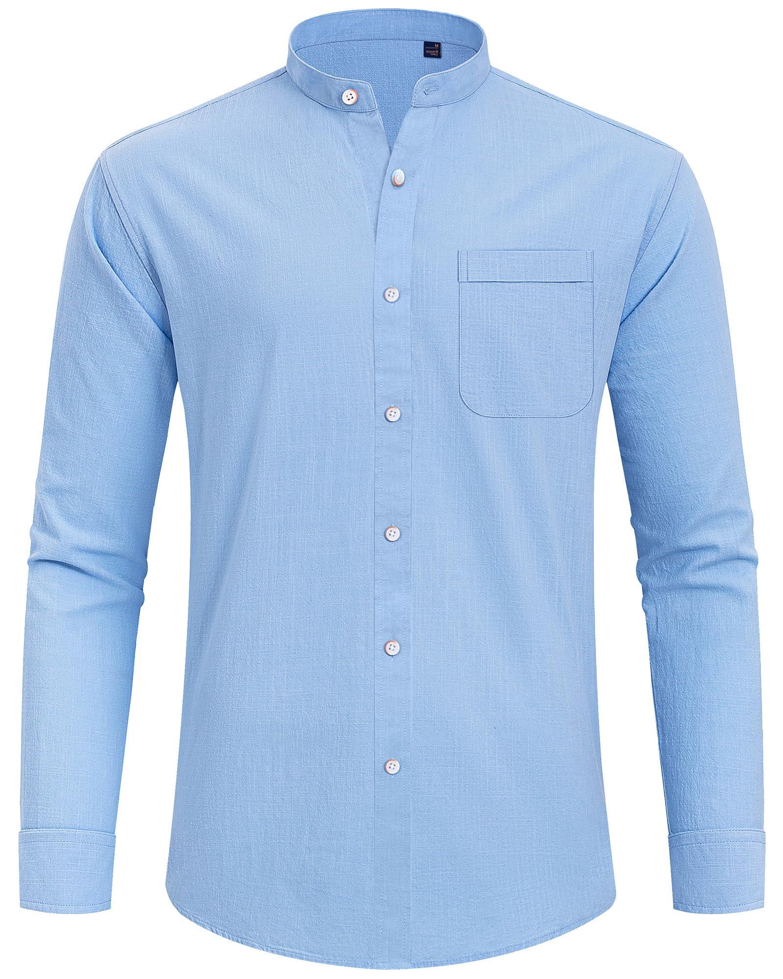 J.VER J.VER Men's Banded Collar Linen Shirts Long Sleeve Slim Fit Button Down Shirts Beach Wedding Shirt with Pocket Light Blue X-Large