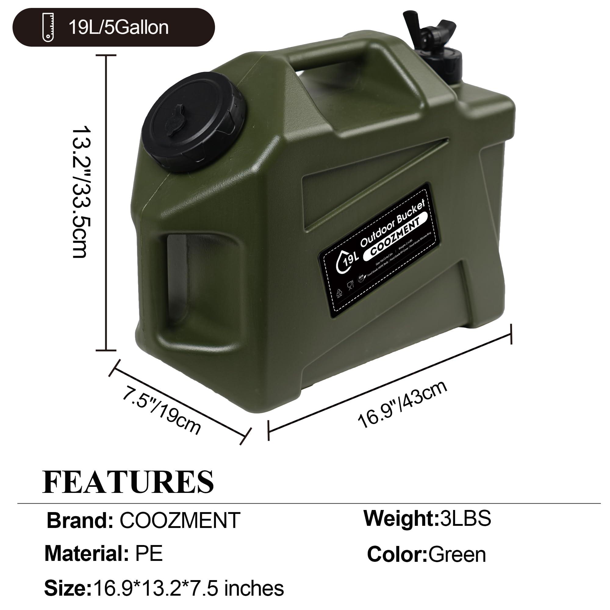 COOZMENT COOZMENT 5 Gallon (19L) Portable Water Containers with Spigot, BPA Free Water Jug, Military Green Water Tank, Multifunction Water Storage Containers for Camping Outdoor Hiking,Emergency Stroage