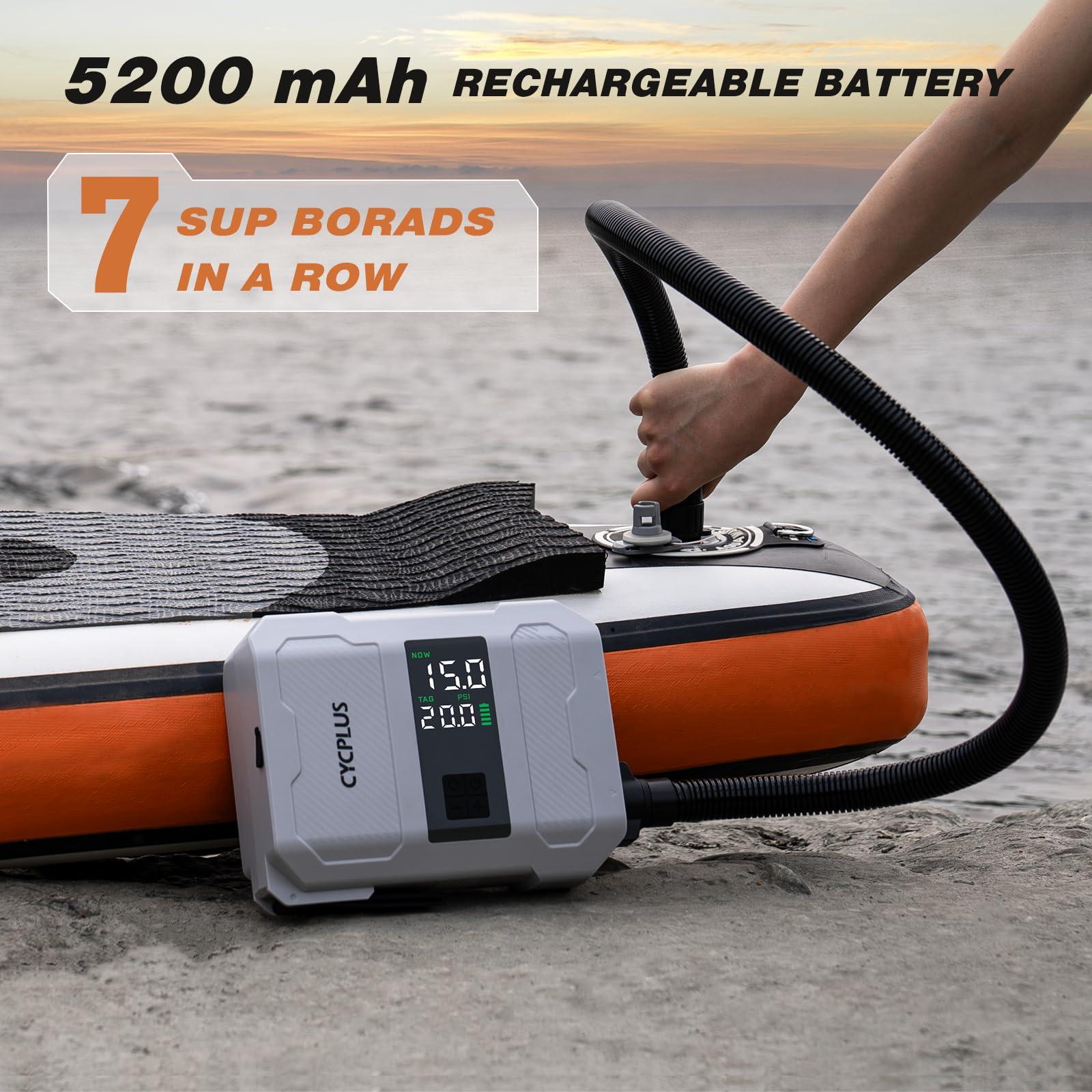 CYCPLUS CYCPLUS 20PSI Rechargeable Paddleboard Pump - Intelligent Fast Dual-Stage Inflation, Deflation Function, Auto-Off &Dual LED Display, Suitable for Stand-Up Paddleboard, Inflatable Boat Tent Mattress