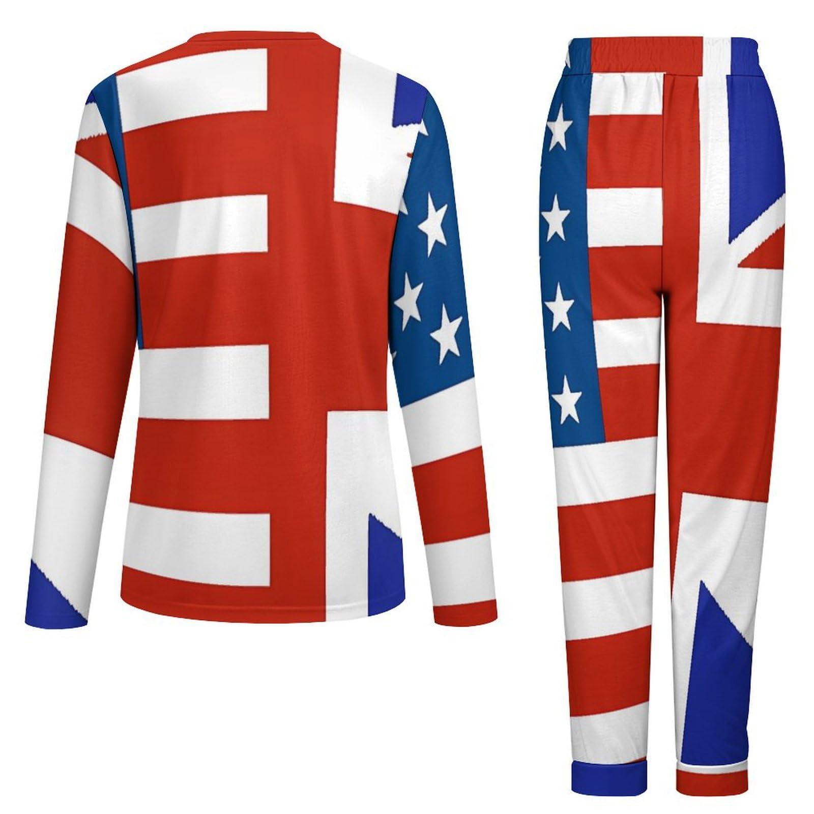Generic U.S. And Union Jack Flag Women\'s Pajamas Two Pieces Set Long Sleeve Tops And Lounge Pants Soft Sleepwear