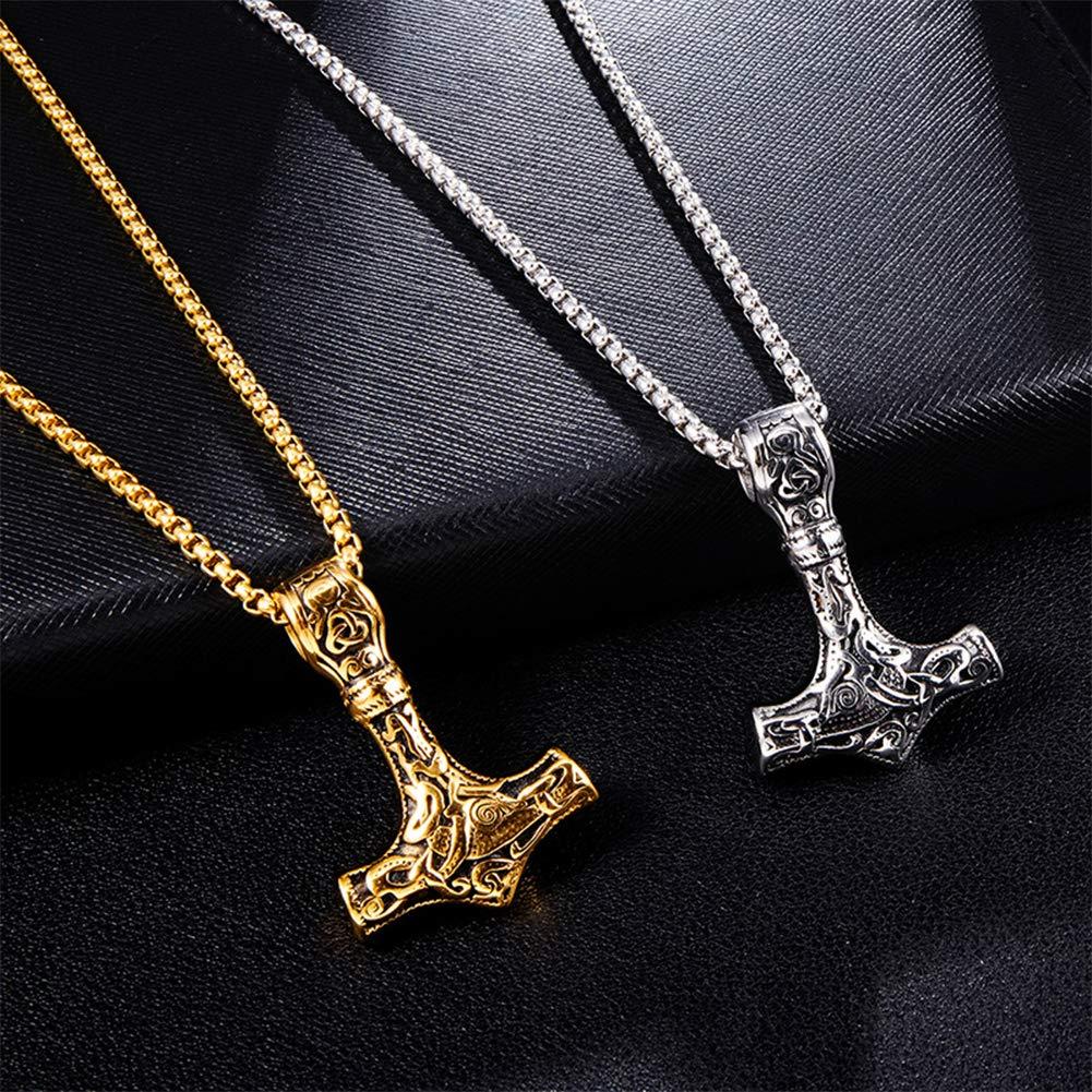 SBRTL Norse Viking Thor's Hammer Talisman Necklace, Odin Mjolnir Stainless Steel Pendant, Mens Vintage Original Amulet Jewelry,Gold,60cm(24incm)