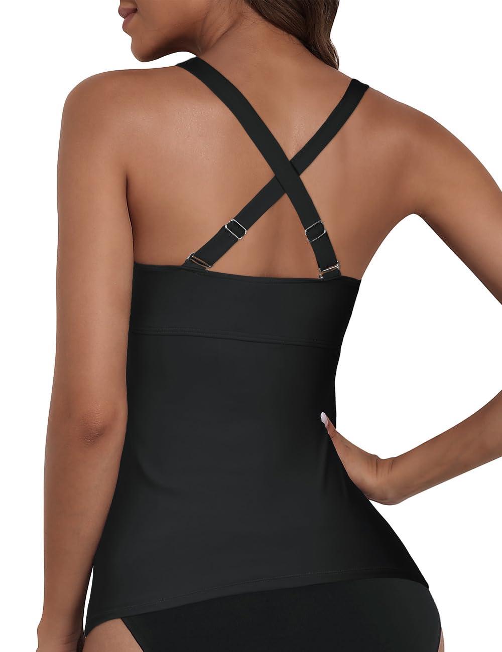 Hilor Hilor Underwire Tankini Bathing Suits for Women Top Only Sexy Black V Neck Swim Top Ruched Tummy Control Swimsuits 16