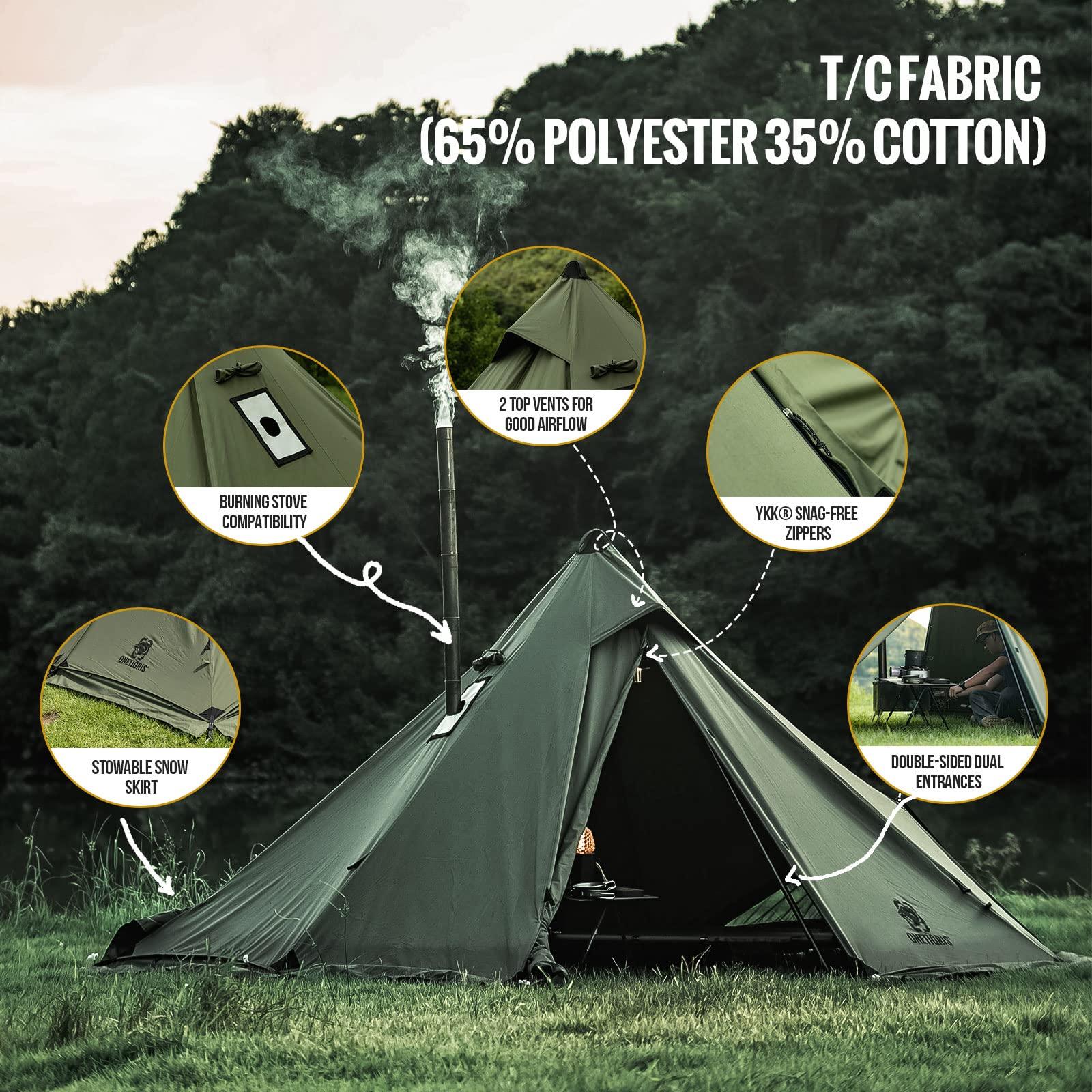 ONETIGRIS OneTigris Conifer Canvas Hot Tent with Stove Jack, Fire Retardant Teepee for Adults, Snow Skirt for Winter Camping, Travel, Bushcraft