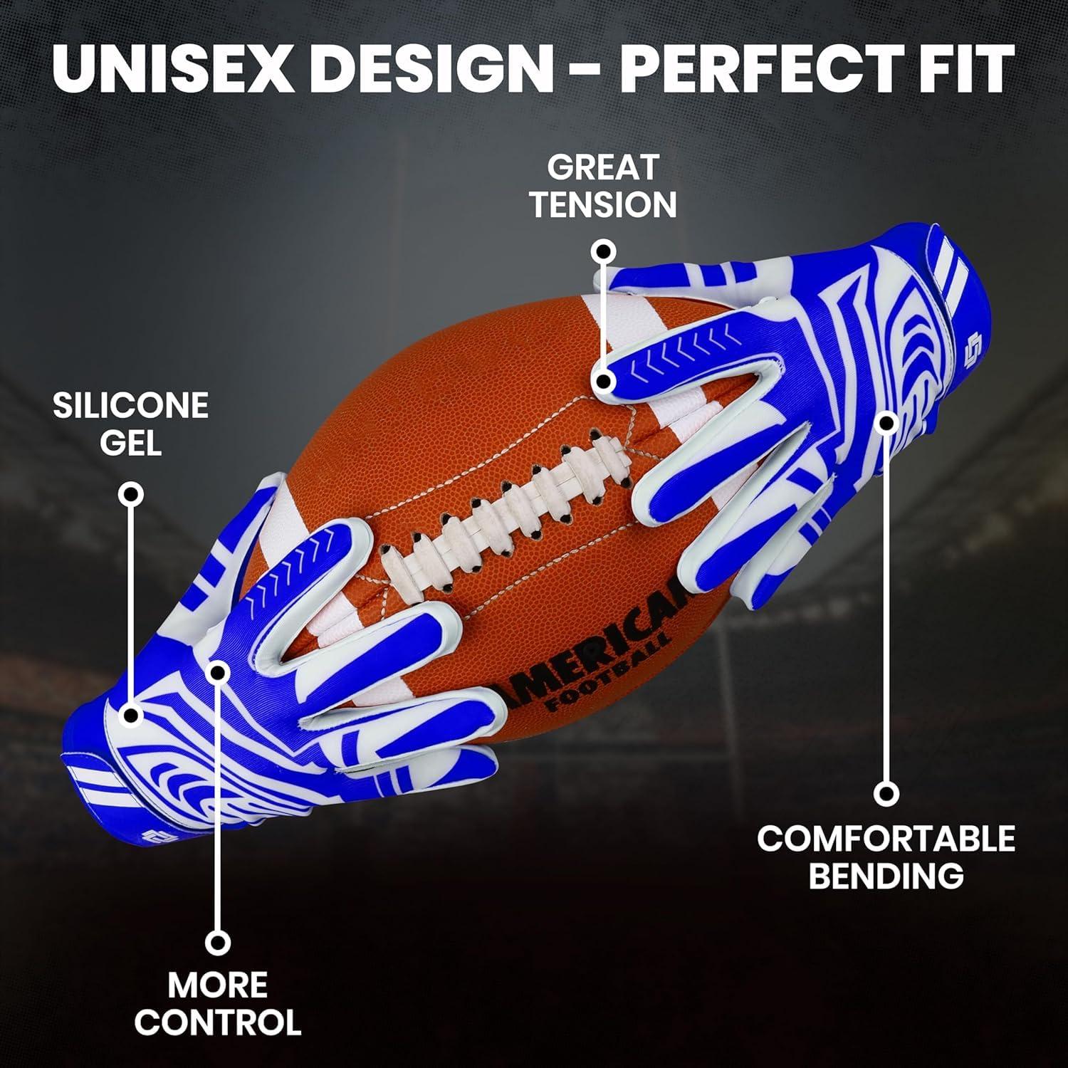 LYRX LYRX Professional Football Receiver Gloves with Optimal Silicone Palm Non-Slip Grip Control Ultra-Stick Sports Lightweight Glove and Precision Fit (Blue, Youth XS (5.5"))