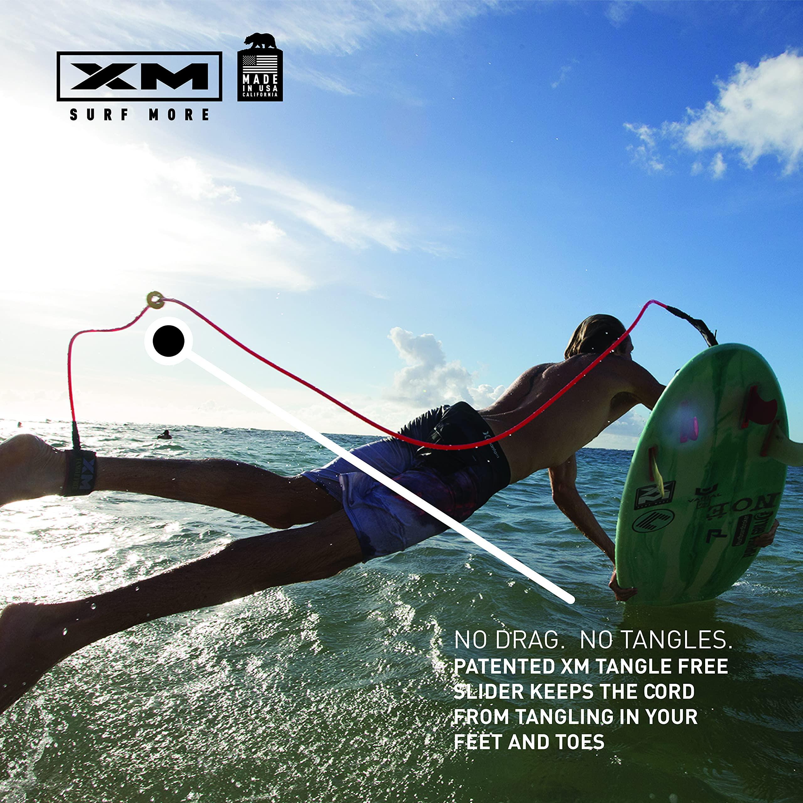 XM SURF MORE XM SURF MORE Regular 10ft Surfboard Leash with Tangle Free Upgrade, Cord Thickness (.270in), Key Pocket, Unbreakable Swivels, Detachable Railsaver, Made in USA