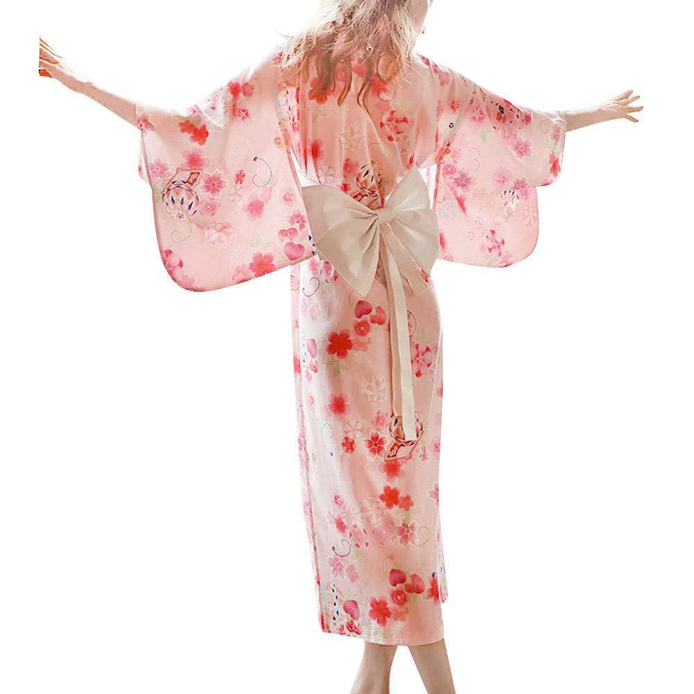 HongH HongH Women's Floral Print Traditional Japanese Kimono Goldfish Obi Blossom Yukata Costume Set Belt Robe, 04# Long Pink, Large