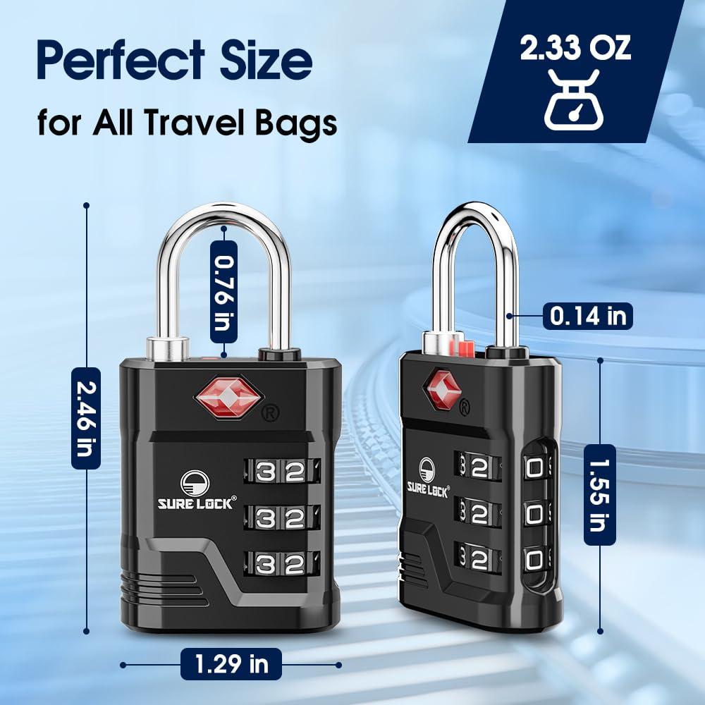 SURE LOCK SURE LOCK TSA Locks for Luggage, TSA Approved Luggage Locks with Open Alert, TSA008 Key for High Security, Easy Read Dials, Zinc Alloy Body, Locker Lock for Suitcase, Gym, Travel(Black 6 pk)