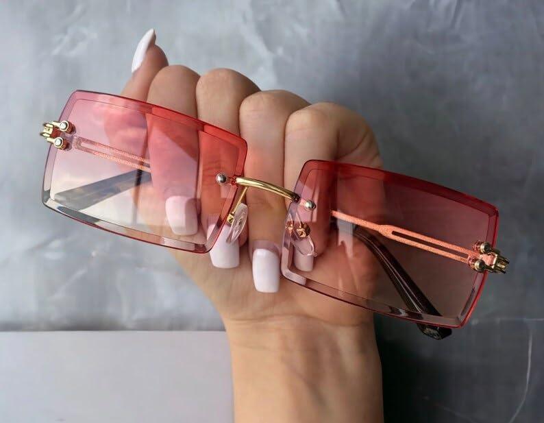 Laurinny Laurinny Rimless Rectangle Sunglasses for Women Fashion 90s Frameless Square Pink Tinted Sun Glasses