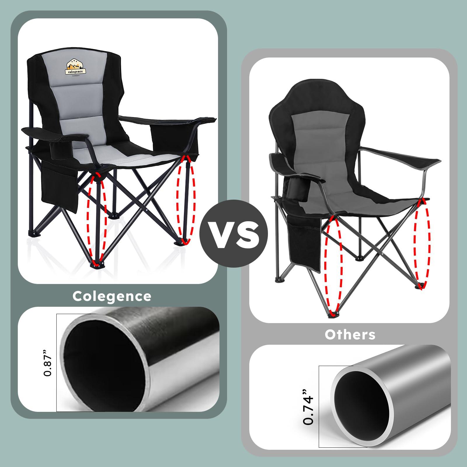 Colegence Colegence Oversized Folding Camping Chairs - 450 LBS Support Heavy Duty Camp Chair with Padded Cushion, Portable Outside Chairs with Carry BagCooler, Cup Holder for Outdoor, Lawn, Sports - Black
