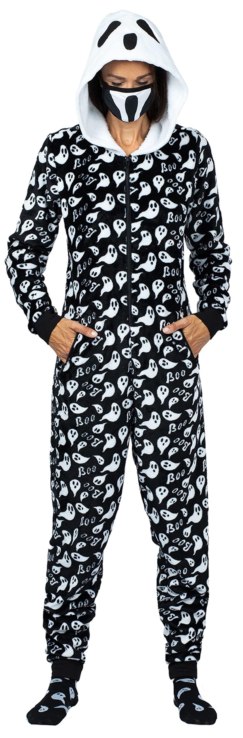 Prestigez Prestigez Holiday Matching Couples Costume Pajama Onesie With Socks and Mask, Ghost, Devil, and Skeleton, Black - Ghost, Size M