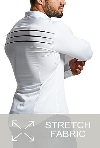 EOUOSS EOUOSS Mens Muscle Fit Dress Shirts Athletic Slim Fit Long Sleeve Stretch Wrinkle-Free Casual Button Down Shirt White Large