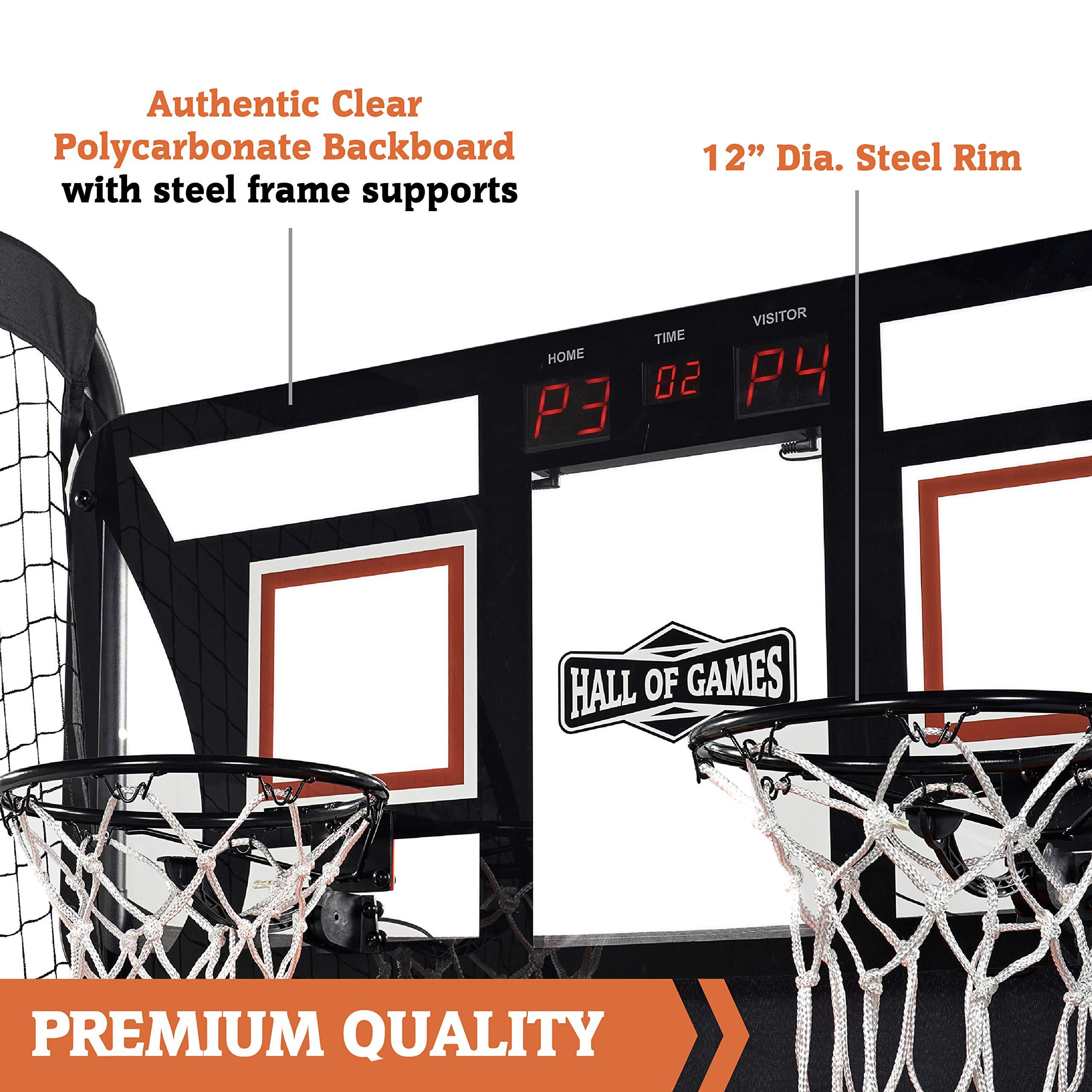 Hall of Games Hall of Games EZ Fold Premium Indoor Arcade Basketball Game with Steel Frame and Polycarbonate Backboard, Dual Shot Electronic Scoring with 6 Size 3 Balls Included, Perfect for Basement Game Rooms