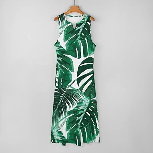 TUBIAZICOL Tropical Palm Leaves Ankle Long Maxi Dress for Women Sleeveless Summer with Pockets