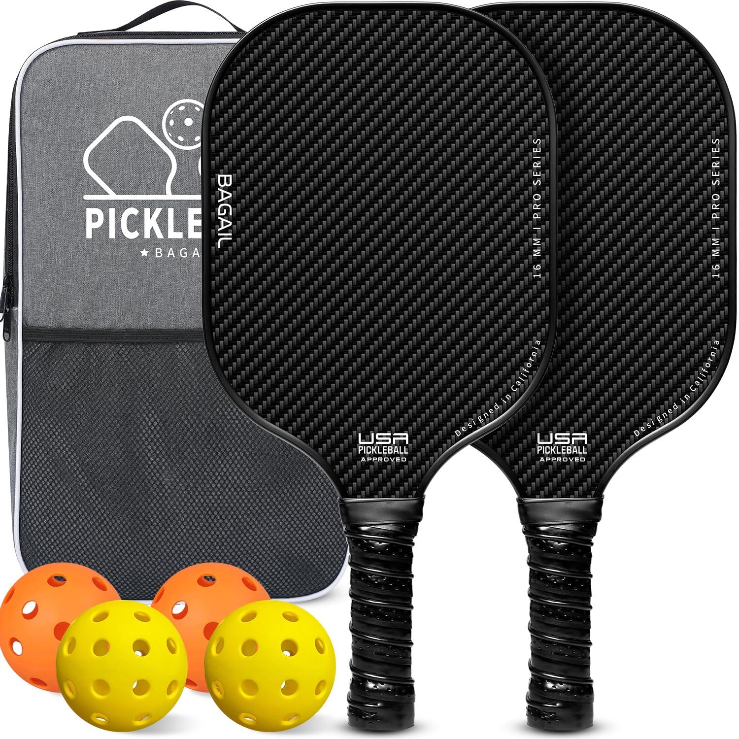 BAGAIL BAGAIL Pickleball Paddles, USAPA Approved Fiberglass Surface Pickleball Set, Lightweight Pickle Ball Rackets with 4 Balls, 1 Bag, Designed in California for Traction and Stability - 2 Pack, Black