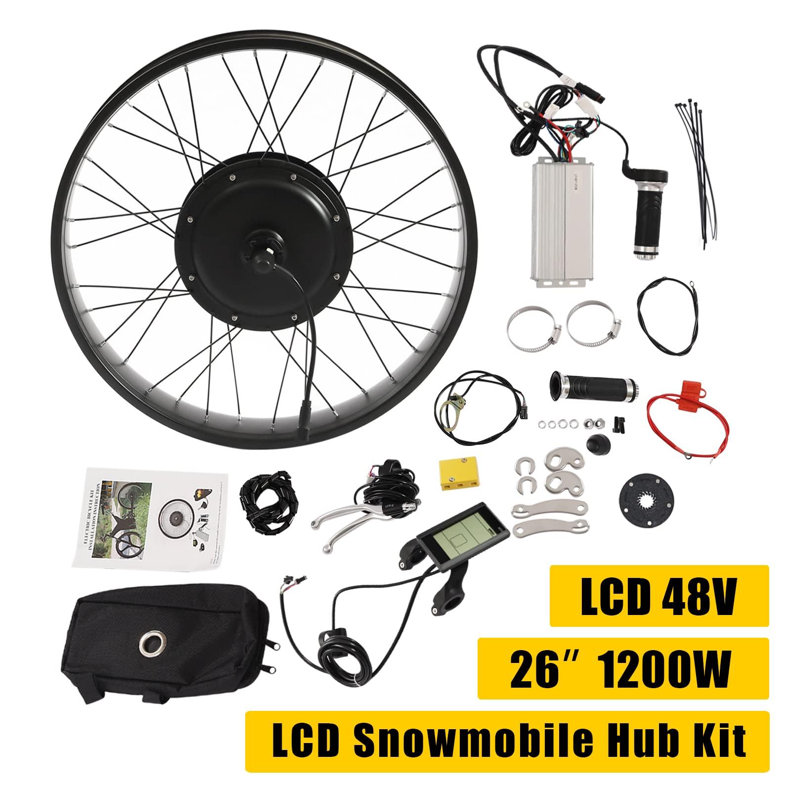 GOSHET 26" E-Bike Rear Wheel Conversion Kit, 48V 1200W Fat Snow Tire Motor Kit Electric Bike Wide Rear Wheel Hub Motor Brushless Gearless Motor with LCD Display for Snow Bikes Electric Bikes and Motorbikes