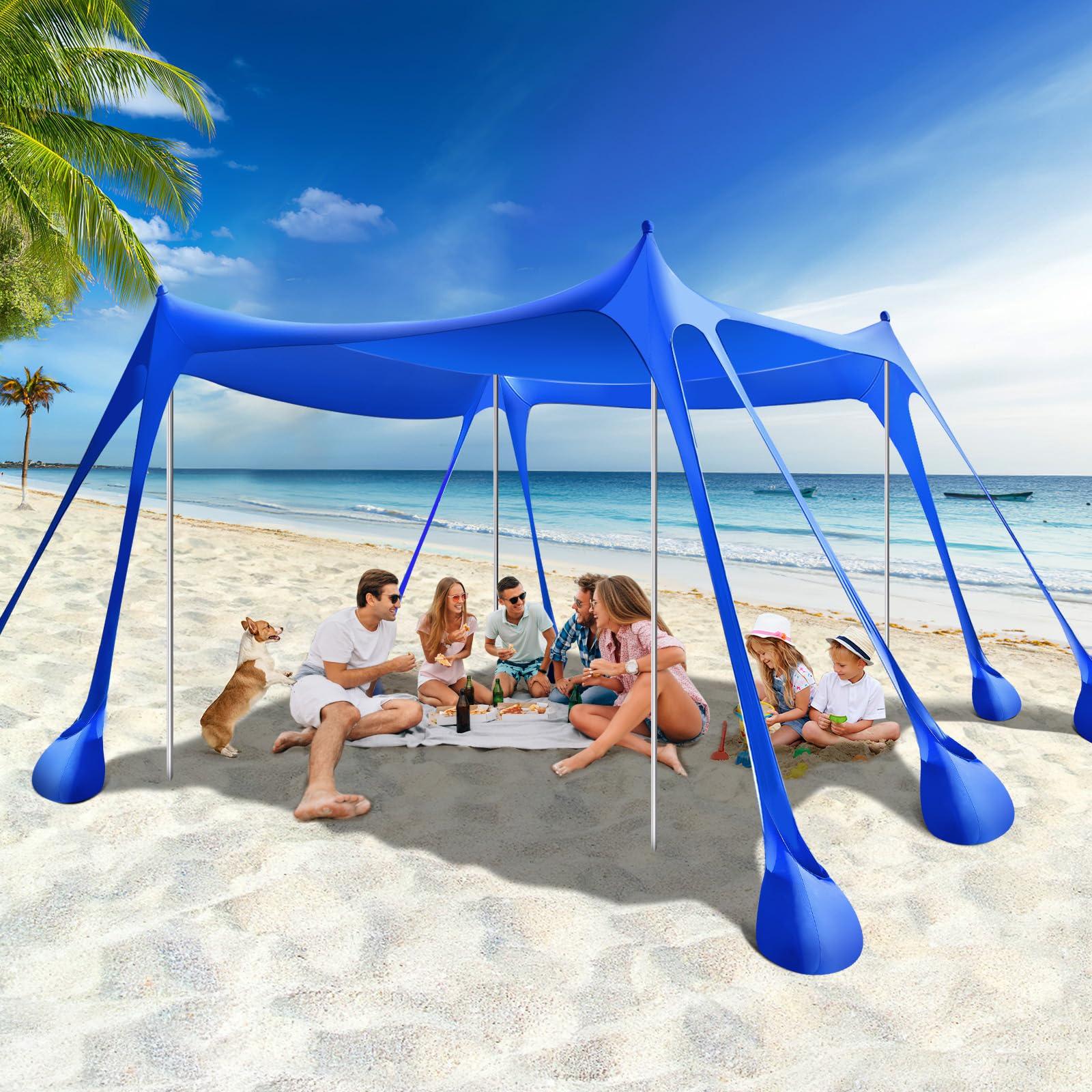 Rhino Valley Rhino Valley Beach Tent, 10 x 10 FT Beach Shade UPF50+ Protection, BeachCanopy with 8 Sandbags 4 Stability Poles, Outdoor BeachTent Sun Shelter Umbrella for Sand, Camping, Fishing Essentials, Indigo
