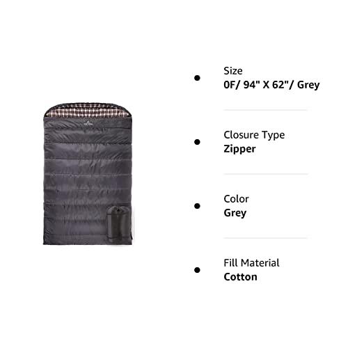 TETON Sports TETON Sports Fahrenheit Mammoth +20F/-7C Queen-Size Double Sleeping Bag; Warm and Comfortable; Double Sleeping Bag Great for Family Camping; Compression Sack Included, Grey (1064), +20F/ 94" X 62"/ Gr