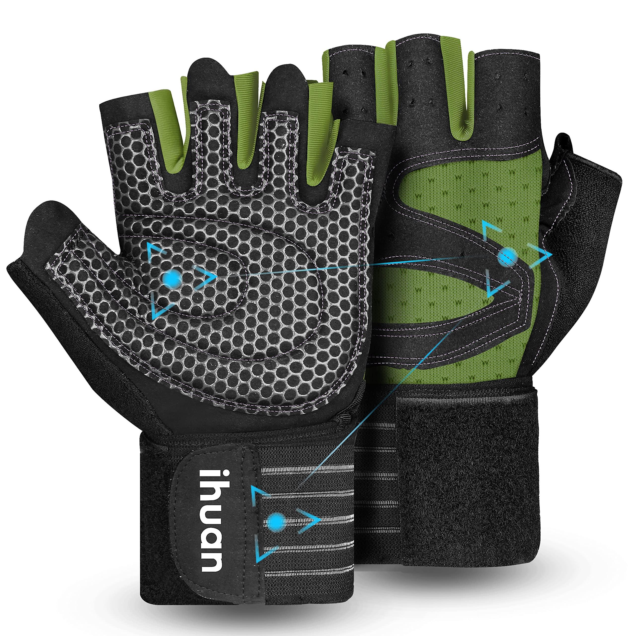 ihuan ihuan Ventilated Weight Lifting Gym Workout Gloves with Wrist Wrap Support for Men & Women, Full Palm Protection, for Weightlifting, Training, Fitness, Hanging, Pull ups (Dark green, M)